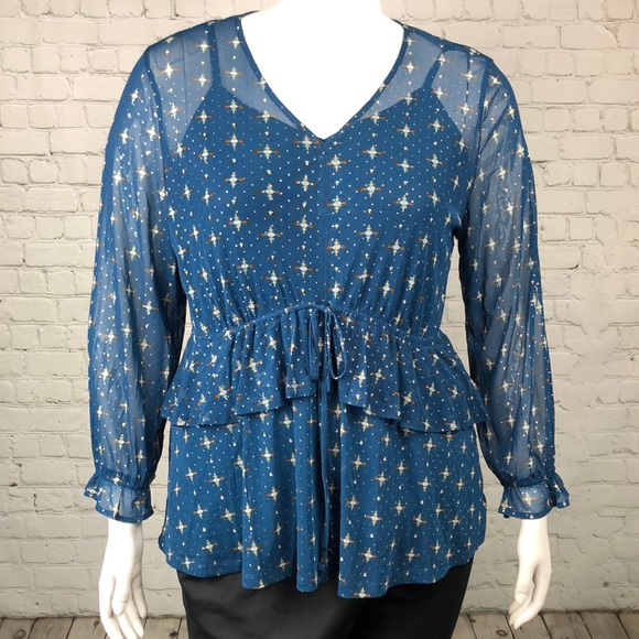 1X 2X Style & Co Blue Ruffle Mesh Overlay Top Plus Size - Picture 2 of 6